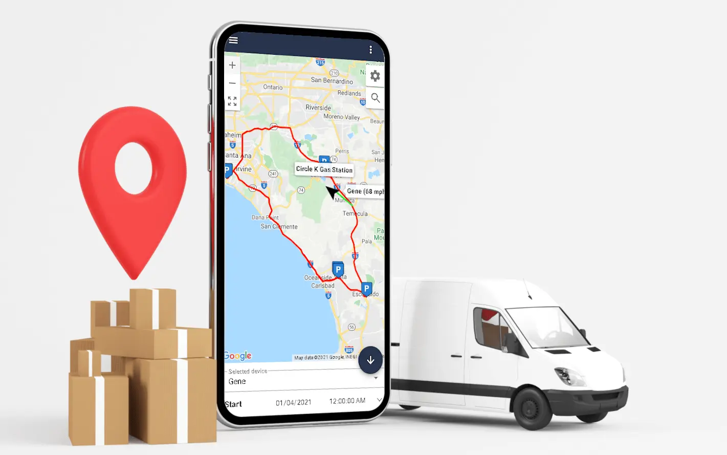 GPS tracking illustration on a mobile phone with a van and cargo beside it